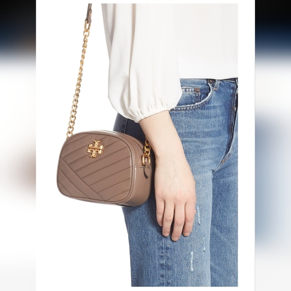 Tory Burch Handbags - Tory Burch $368 Kira Chevron Camera Leather Crossbody Bag Taupe Gold Chain/Logo